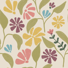 seamless pattern with flowers. Cute Seamless Floral Pattern with Hand Drawn Colorful Flowers and Leaves – Pastel Chalk Style Illustration