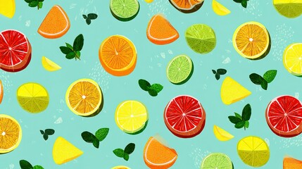 Vibrant citrus fruit slices and mint leaves pattern design.
