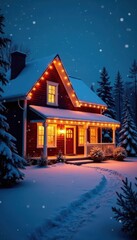 Winter snowy night with festive lights on a house, festive, home