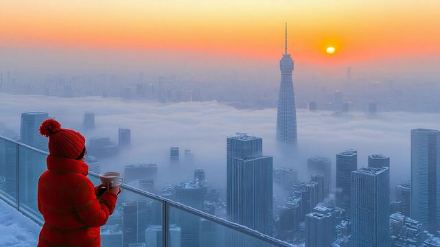 Cozy winter sunrise view from city highrise