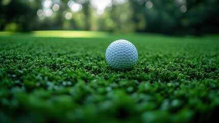 Obraz premium A white golf ball rests on vibrant green grass, creating a striking contrast and evoking anticipation on the golf course, perfect for capturing the spirit of the game.