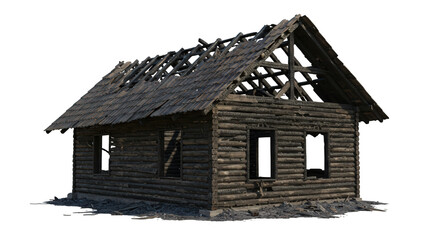 Charred Remains of a Rustic Log Cabin After a Fire