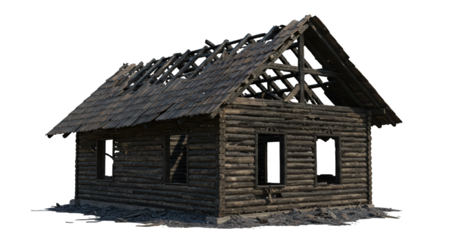 Charred Remains of a Rustic Log Cabin After a Fire