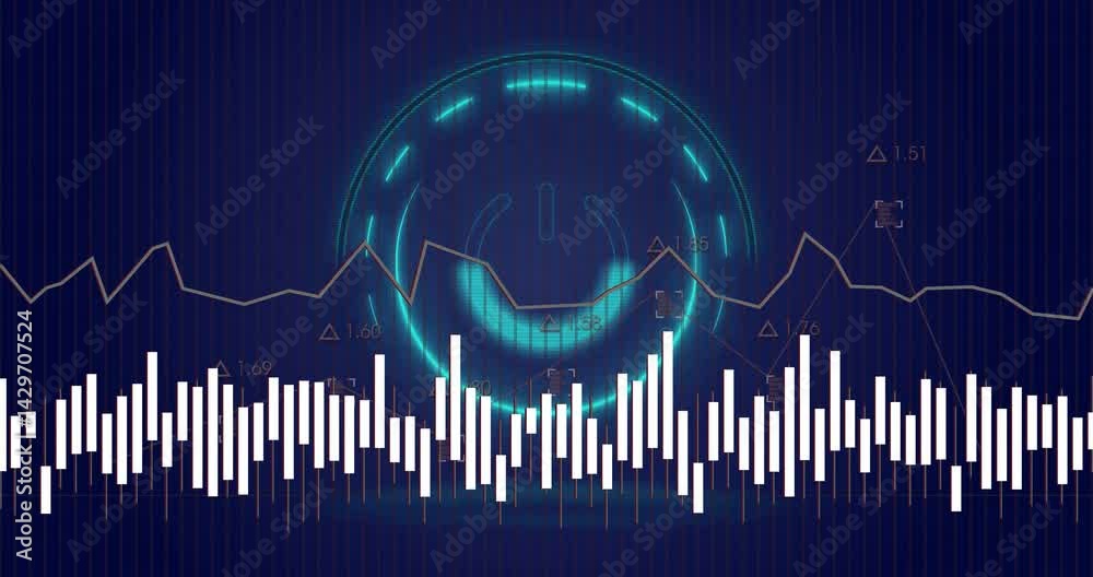 Aufkleber dashboard animating white candlestick bars and line graph with triangular markers and power icon