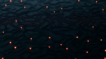 Complex dark surface with glowing red orbs scattered across the area