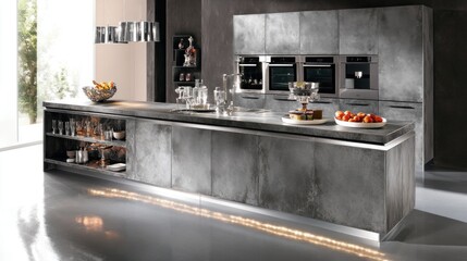 Contemporary gray concrete kitchen island with integrated appliances.