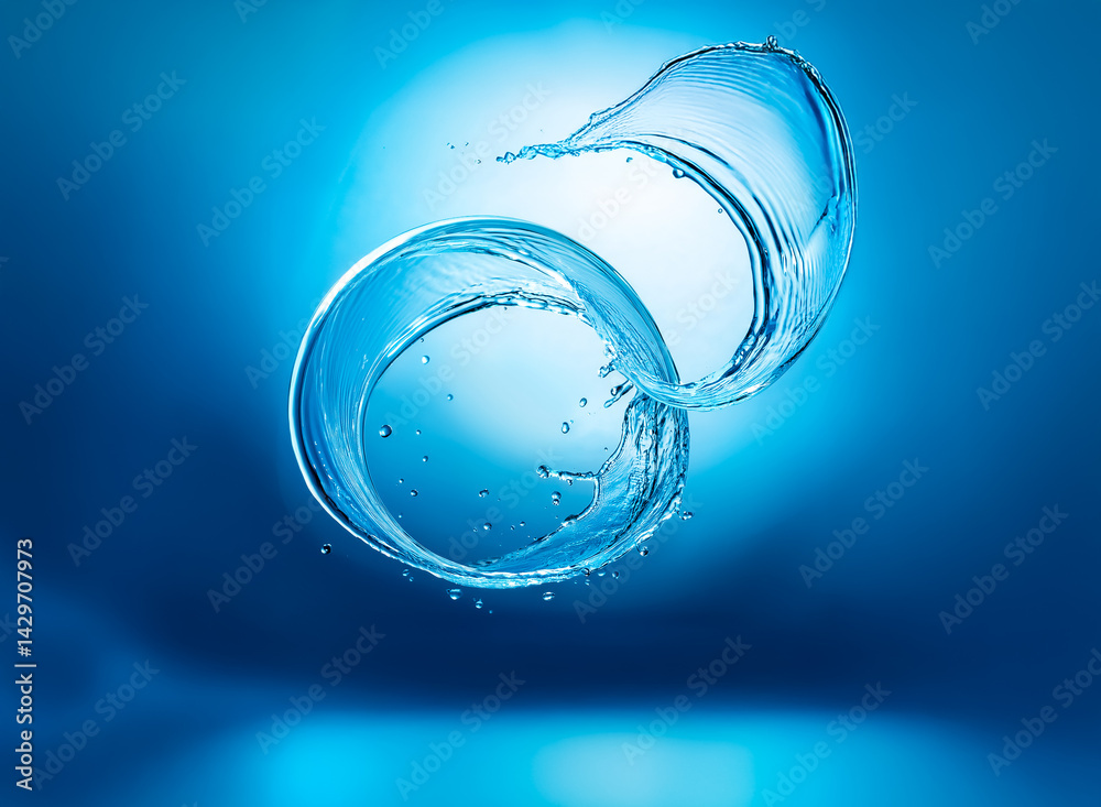 Poster dynamic water art. a swirl of liquid is depicted in a vivid blue environment, showcasing motion. the