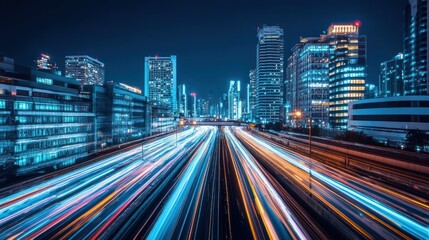 Obraz premium Dynamic light streaks blur across the cityscape, illuminating the future ahead