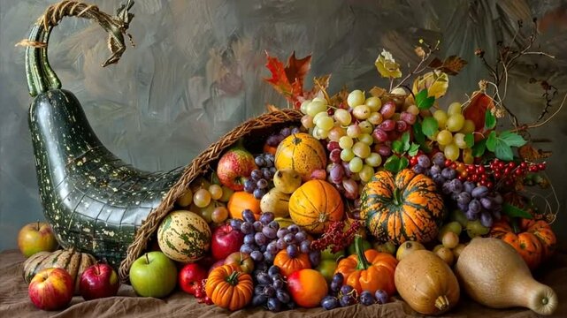 Cornucopia, horn of plenty with fruits, vegetables and flowers on brown background. Harvest and abundance concept