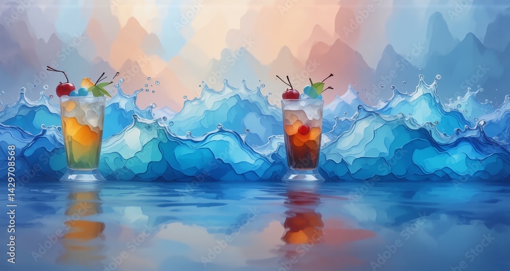 Poster refreshing drinks are splashed with vibrant colors against a wave-like backdrop, evoking a feeling o