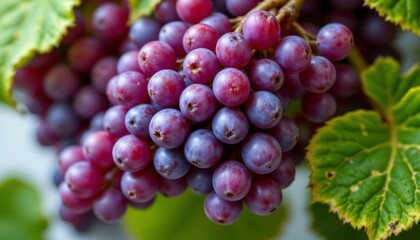 Fototapeta premium Fresh and Juicy Grapes Cluster with Vibrant Colors and Healthy Green Leaves
