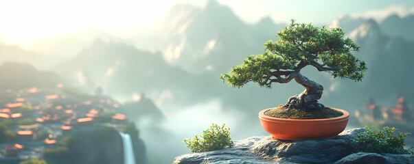 Serene Bonsai on Clifftop 3D Illustration