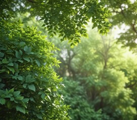 Fototapeta premium Blurred green leaves, dappled light, soft focus, lush foliage, setting, deep