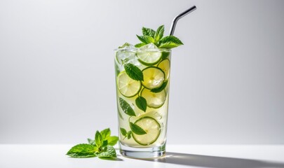Refreshing Lime and Mint Beverage with Ice in a Clear Glass on Minimalist Background