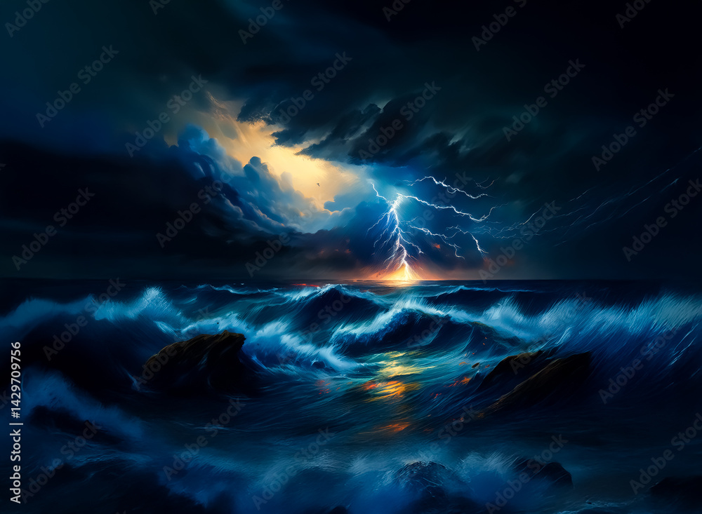 Poster an epic storm rages over the dark ocean. a hint of gold shines through the clouds as lightning strik