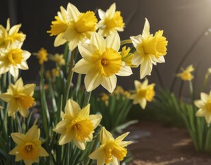 Obraz premium Close-up of cheerful daffodil cluster, petals unfurling in sunlight, blossom, bright yellow flower, nature close-up