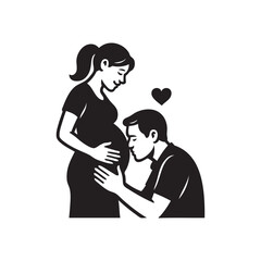 silhouette of a pregnant woman and husband, husband kiss the baby