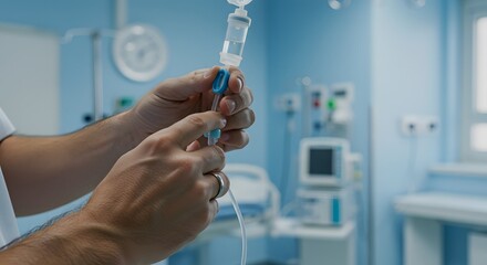 Close-up of a healthcare professional adjusting an IV drip in a clinical setting, preparing for patient care in a sterile environment.