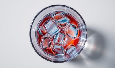 Refreshing Beverage with Vibrant Red Color and Ice Cubes in Transparent Glass on a Light Background
