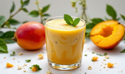 Refreshing Mango Smoothie in Clear Glass Surrounded by Fresh Mangoes and Garnished with Mint Leaves
