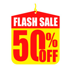 An Abstract 50 percent off flash sale design. 50% off promotion sale tag.