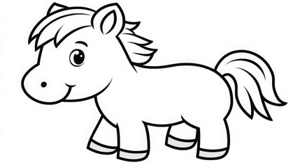 easy coloring pages or books for children, cute and funny coloring page, cartoon illustration, outline picture for coloring kid book, illustration of white black cute small horse