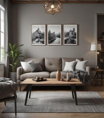 Elegant brown couch, wooden dining table, black & white photos adorn grey walls  Chic contemporary living space ,  furniture,  home staging,  wooden table