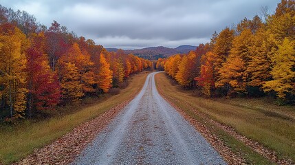 Fototapeta premium A winding gravel road meanders through a deciduous forest showcasing vibrant autumn foliage in gold, red, orange, and yellow, a stunning fall landscape.