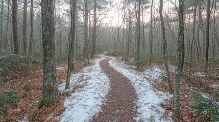 Snowy woodland trail winding through winter forest