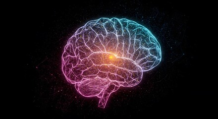 An abstract, wireframe brain is depicted with vibrant neon colors on a dark background, symbolizing knowledge, consciousness, and thought.