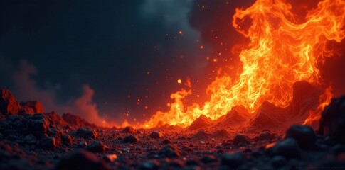 Fototapeta premium Fiery flames engulfing a dark, mysterious space, blaze, night, darkness