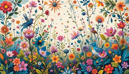 Fototapeta premium Whimsical botanical dreamscape featuring avian visitors amid vibrant floral fields