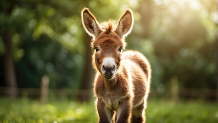 Fototapeta premium Cute Baby Donkey Standing Outdoors in Sunny Green Field