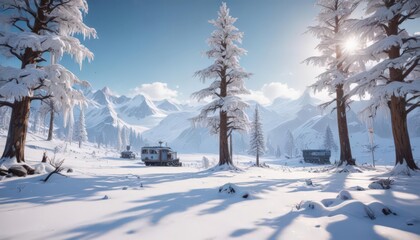 Obraz premium Gleaming ice cap, snow-laden trees, distant research outpost, landscape, trees, stillness