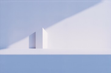 Minimalist 3D render of a white geometric avatar-like form on a pale blue platform, illuminated by a single light source casting a dramatic shadow.