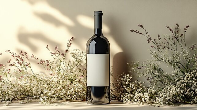 A wine bottle mockup with a blank white label stands on a neutral background, a sophisticated, customizable template for showcasing wine brands. - Powered by Adobe