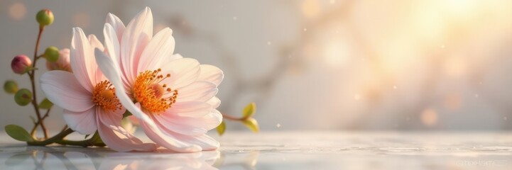 Golden light frames a delicate flower against a soft marble background, with gentle ripples on the surface , serene, golden frame, peaceful