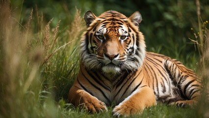 Majestic Bengal Tiger Resting in Wild Jungle Habitat