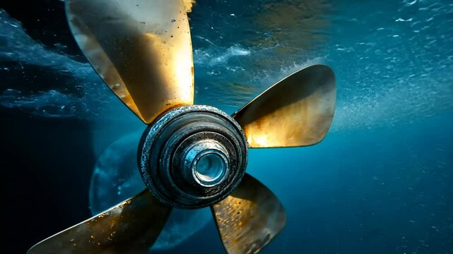 Close-up view of a boat's propeller underwater, spinning in clear blue water. The propeller's bronze blades are visible, along with the surrounding water