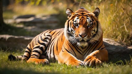 Obraz premium Majestic Bengal Tiger Resting in Wild Jungle Habitat