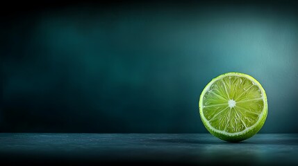Fresh lime half on dark surface against a dark teal, hazy background