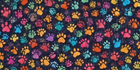 Joyful colorful dog paw prints, seamless doodle texture,  colorful,  fabric,  digital