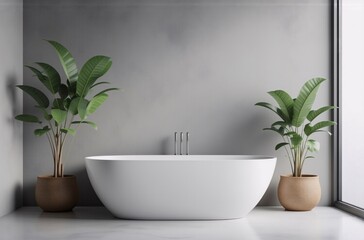 Modern bathroom interior with freestanding bathtub,  two potted plants flanking it, and a minimalist grey wall.  Large window provides natural light.