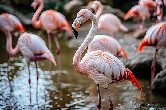 A serene scene of flamingos wading in a tranquil pond surrounded by lush greenery. capturing the beauty of wildlife in a natural habitat