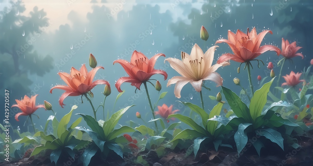 Poster blooming lilies in vibrant colors thrive in a gentle rain. the tranquil setting and lush greenery ev