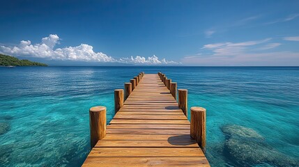 Fototapeta premium A wooden pier extends into a calm turquoise ocean under a clear sky, a serene and idyllic vacation scene for relaxation.