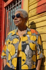 Fototapeta premium Confident person in yellow and black patterned shirt standing against a yellow wooden wall with red-framed window