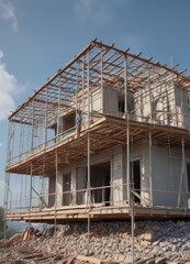 Modern house undergoing roof renovation, scaffolding visible, architecture, work