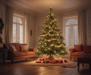 Ornate Christmas tree, glowing lights, cozy room, garland, season