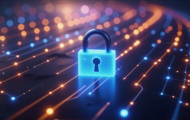 A glowing blue padlock sits on a network of orange and blue illuminated lines, symbolizing digital security and data protection in the digital world.